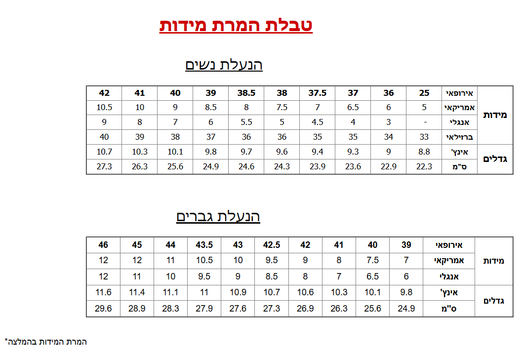 טבלת מידות נהלים המרה
